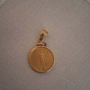 22k Gold 5.00 Coin Pendant Necklace 14k Bezel Setting.